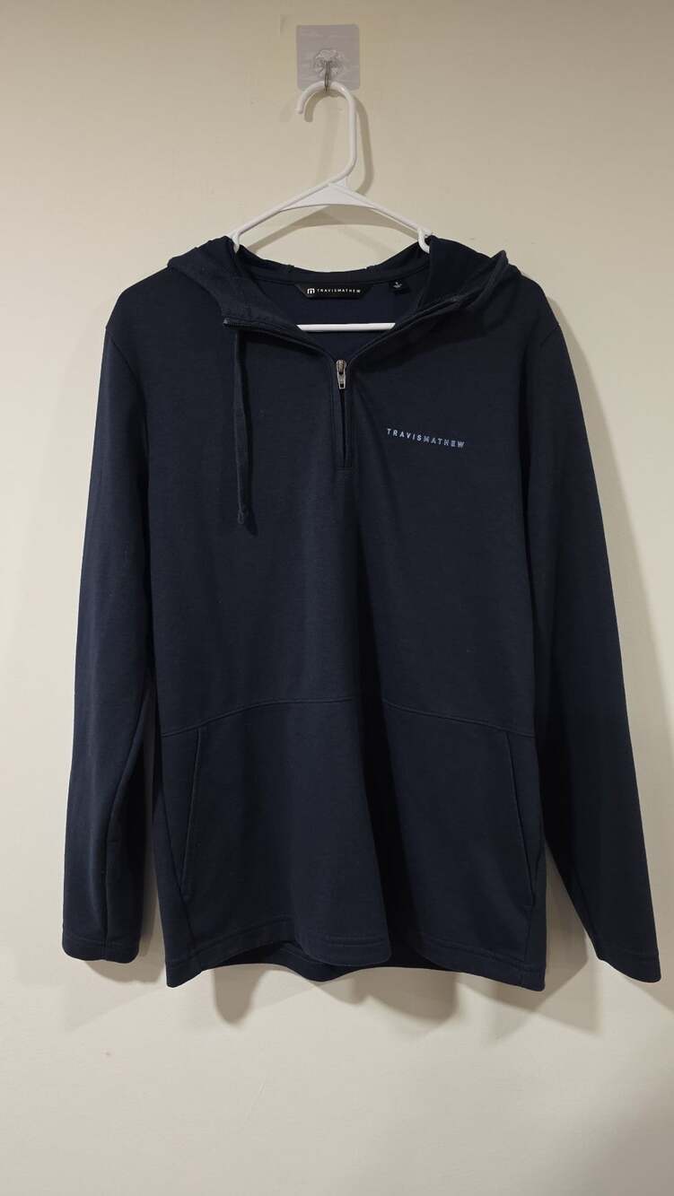 TravisMathew Men's Navy 1/4 Zip Hoodie with Palm Tree Sleeve Detail Size Small